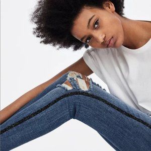 ZARA BASIC DENIUM TUXEDO STRIPE EMBELLISHED BEADED JEANS EUC